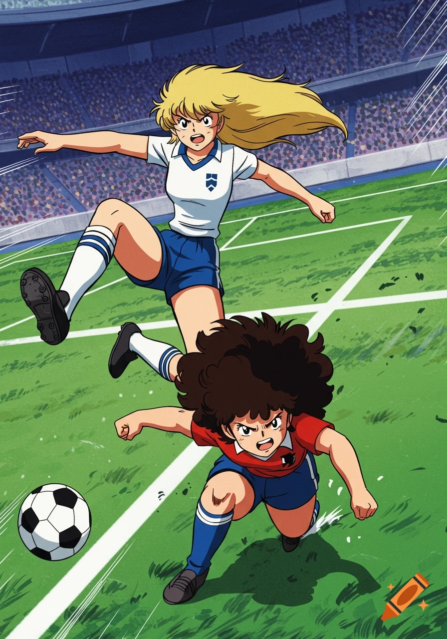 Two anime-style female soccer players on a field, one blonde tackling and another with curly hair running with a ball, a stadium in the background.