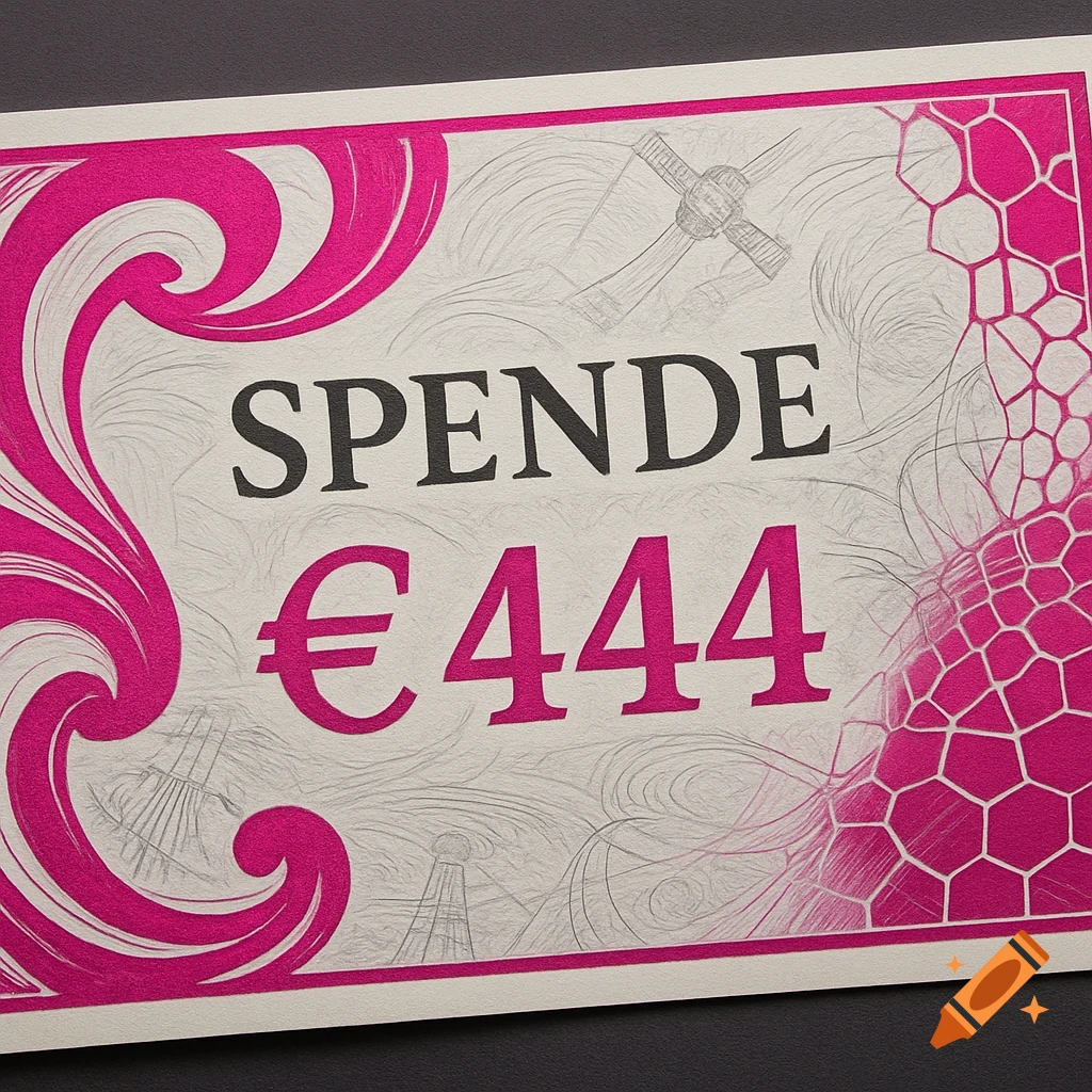 A stylized banknote with 'SPENDE' and '€444' text, magenta design, and subtle telecommunication graphics.