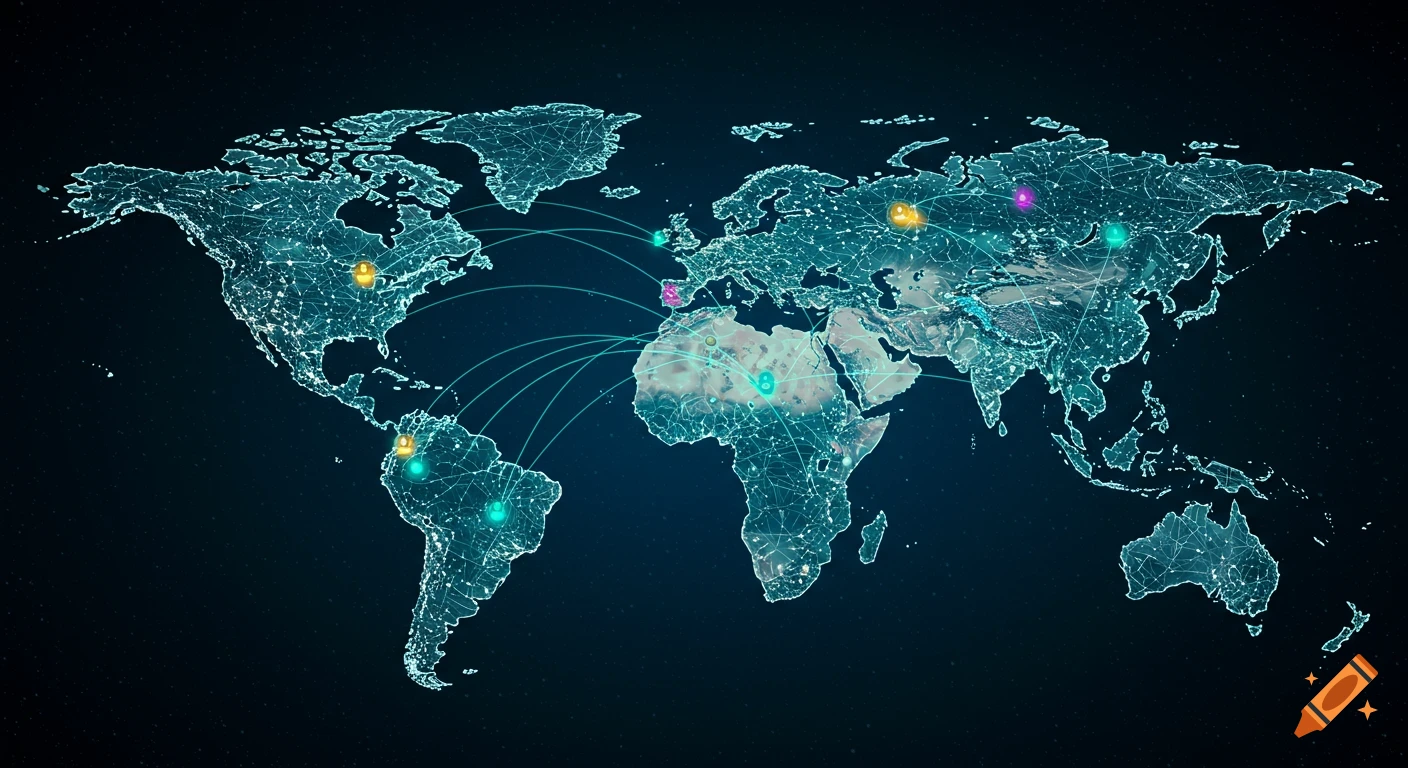 Digital world map with glowing network lines connecting points across continents on a dark background.