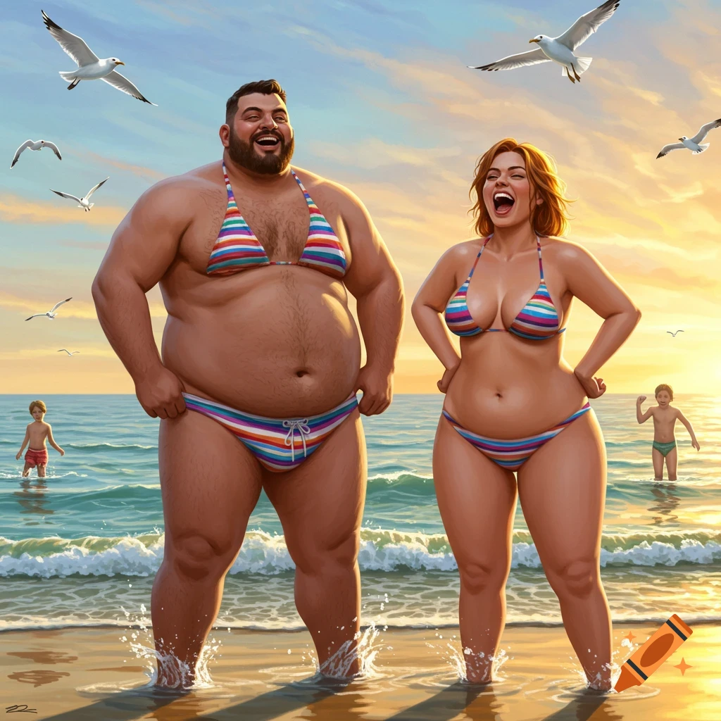 A smiling man and woman in rainbow-striped bikinis stand in ocean waves on a beach at sunset, with seagulls flying overhead.