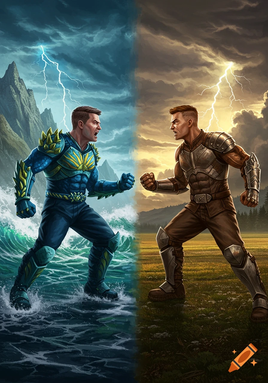 Two male superheroes face off, one in blue armor on stormy water, the other in bronze armor on a stormy field, with lightning striking.