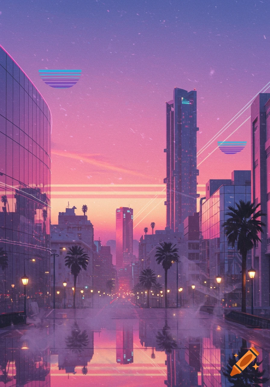 Vaporwave city landscape at sunset with chrome glass skyscrapers, palm trees, and streetlights reflecting on a wet street.