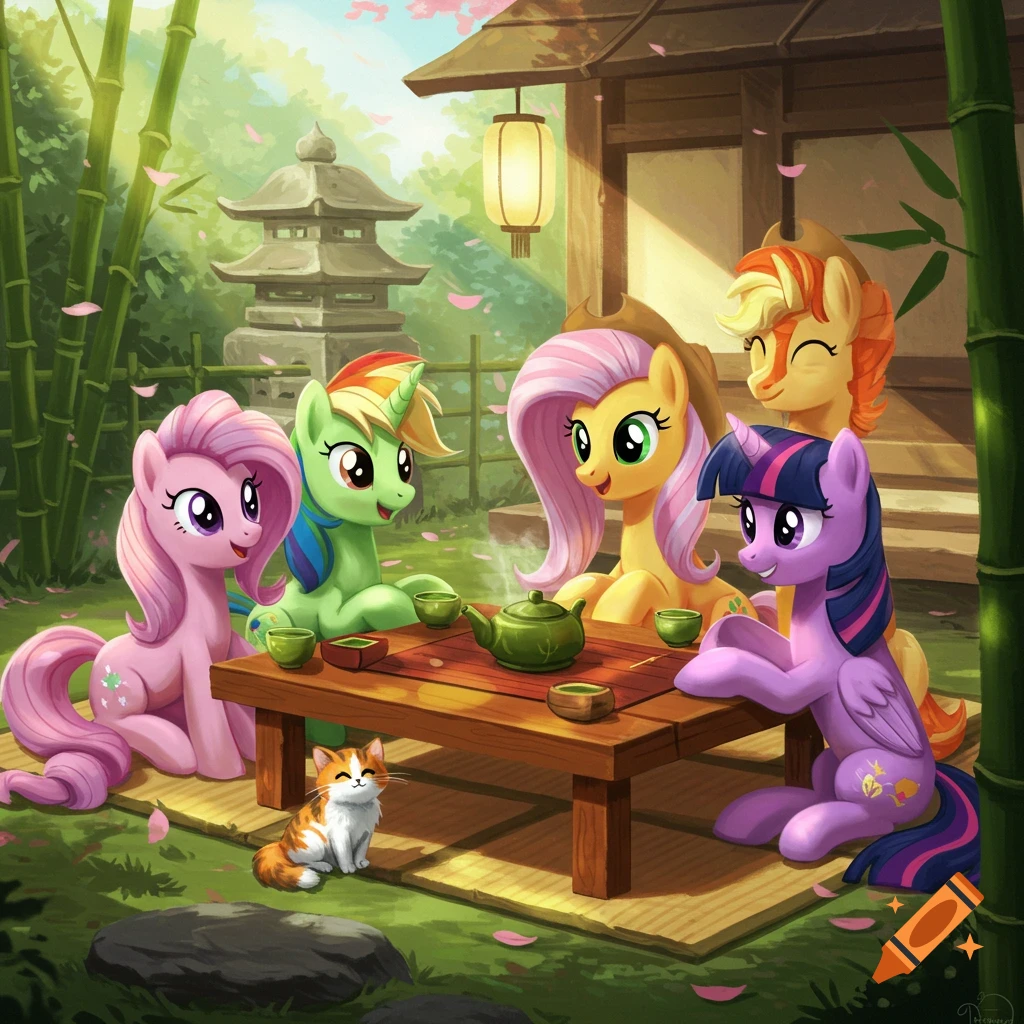 Five colorful My Little Pony characters and a small cat share matcha tea in a serene Japanese garden setting with bamboo and a stone lantern.