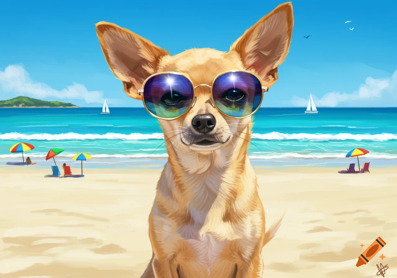 A chihuahua wearing sunglasses sits on a sunny beach with colorful umbrellas and sailboats in the background.