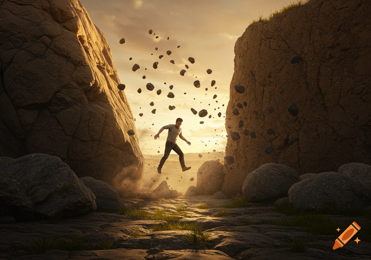 A man leaps between two large rock formations as small rocks fall around him, under an orange sunset sky.