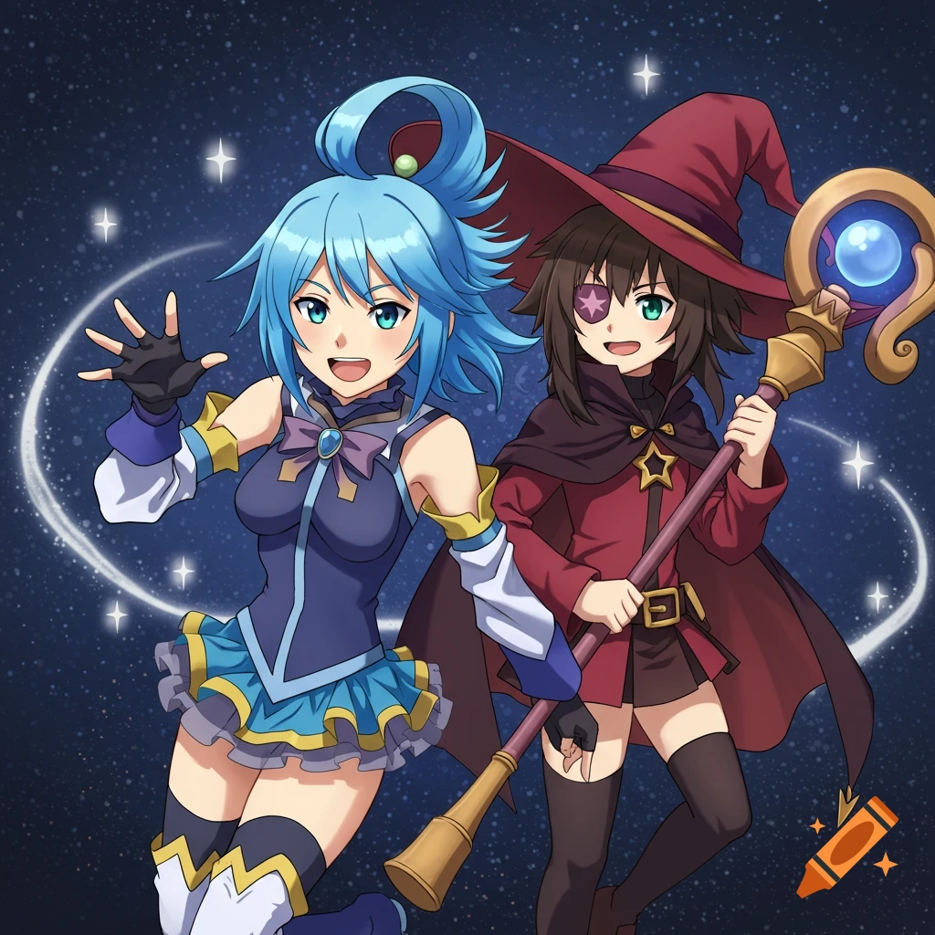 Anime illustration of Aqua with blue hair and Megumin in a witch hat, smiling against a starry background.