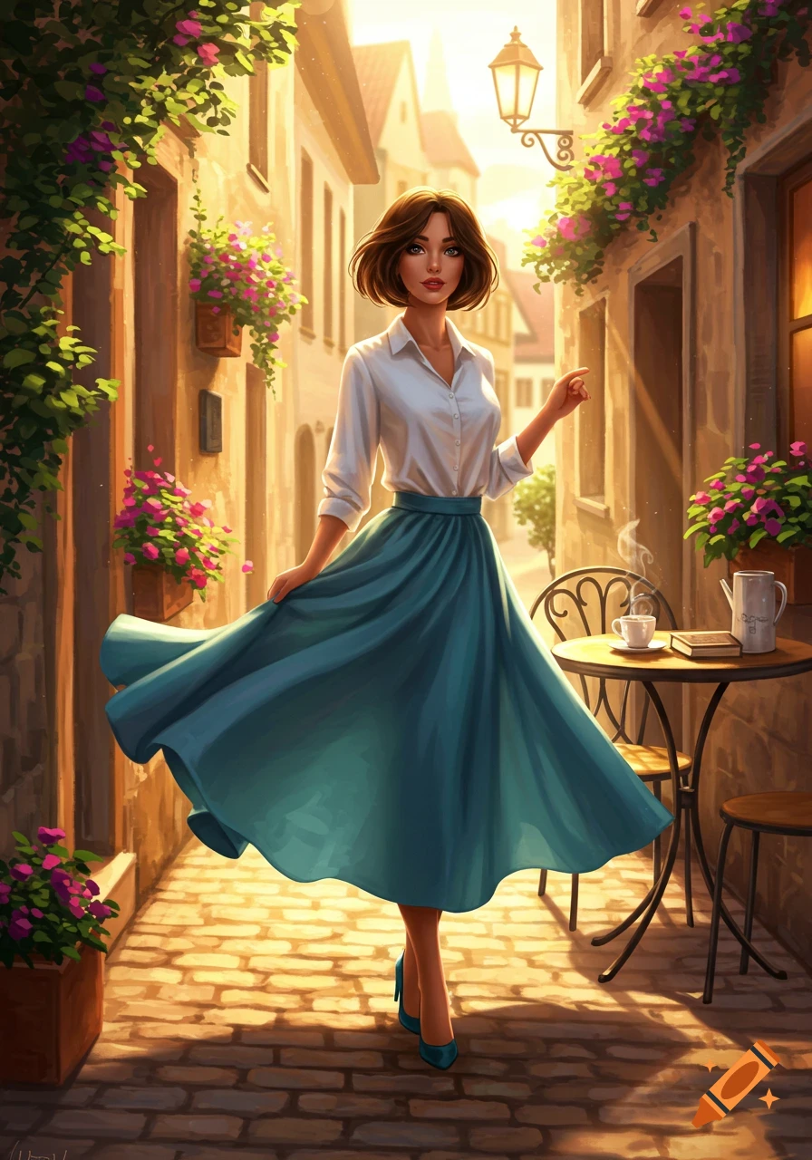 A stylized illustration of a woman in a white shirt and teal skirt walking down a sunlit cobblestone street with buildings, flowers, and a cafe table.