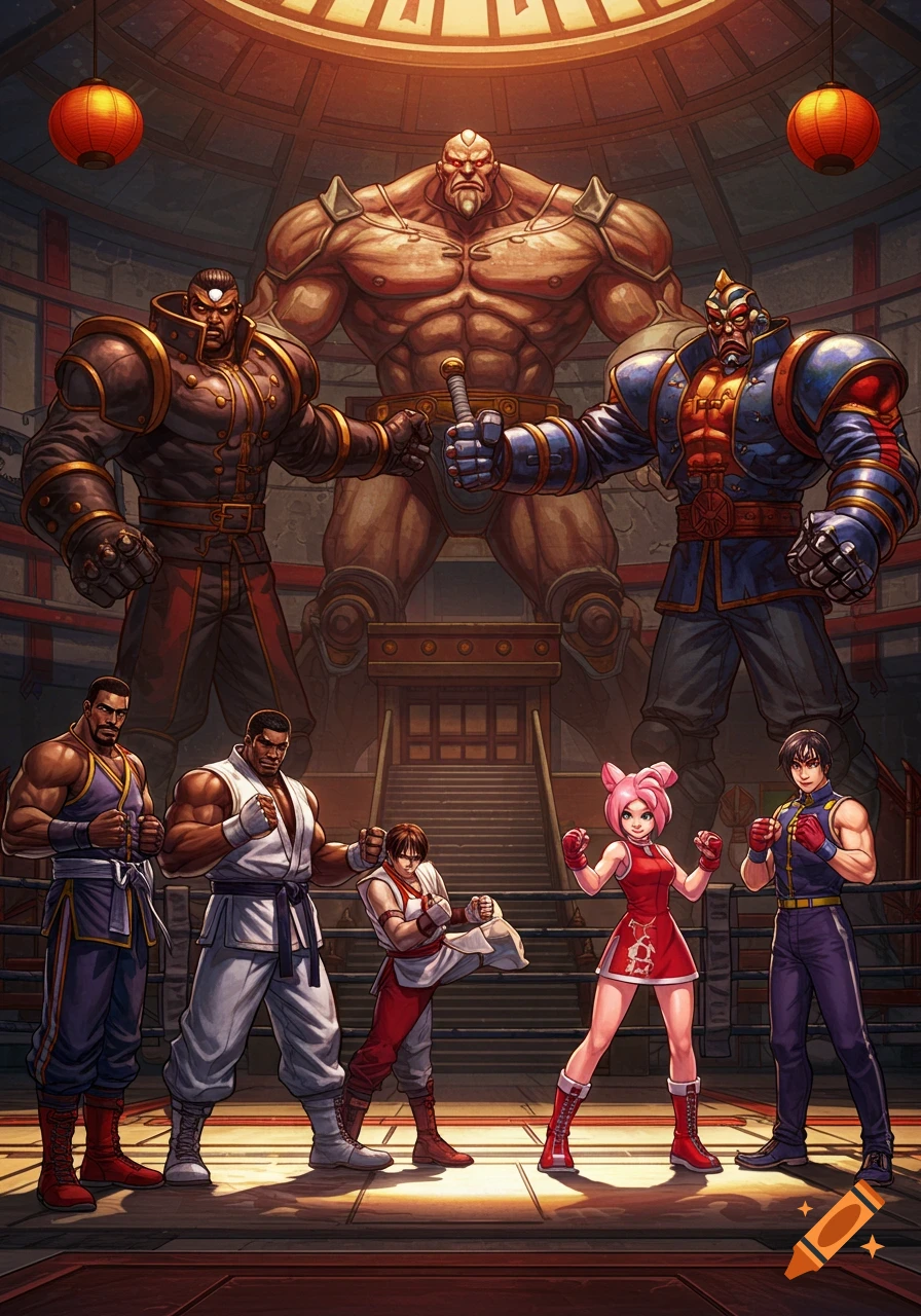 Anime style illustration of six muscular martial arts fighters, including a pink-haired woman, posing in a boxing ring with a massive statue behind them.