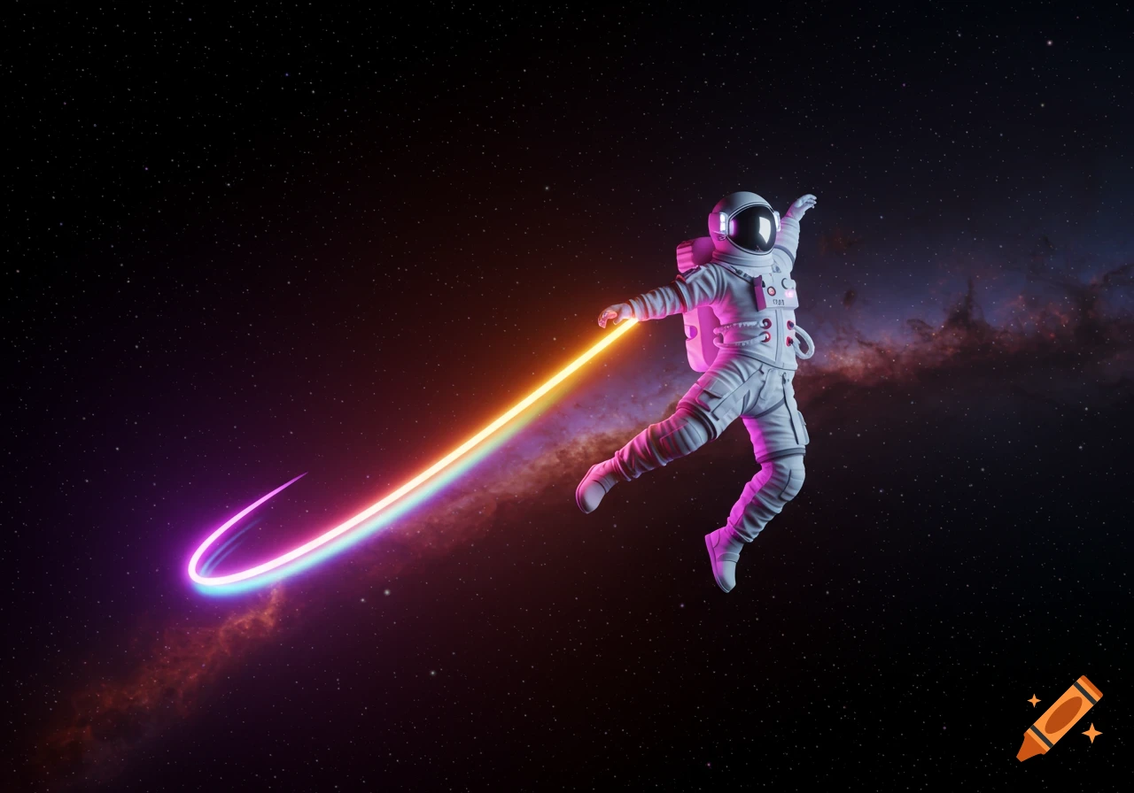 An astronaut in a white suit floats in space, leaving a glowing rainbow trail against a dark starry galaxy, illuminated by neon lights.