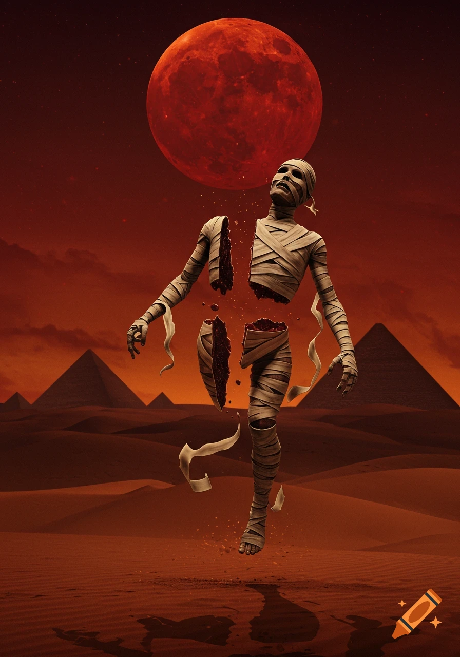 A mummy split in half, floating over a desert with pyramids under a crimson moon and a red sky.