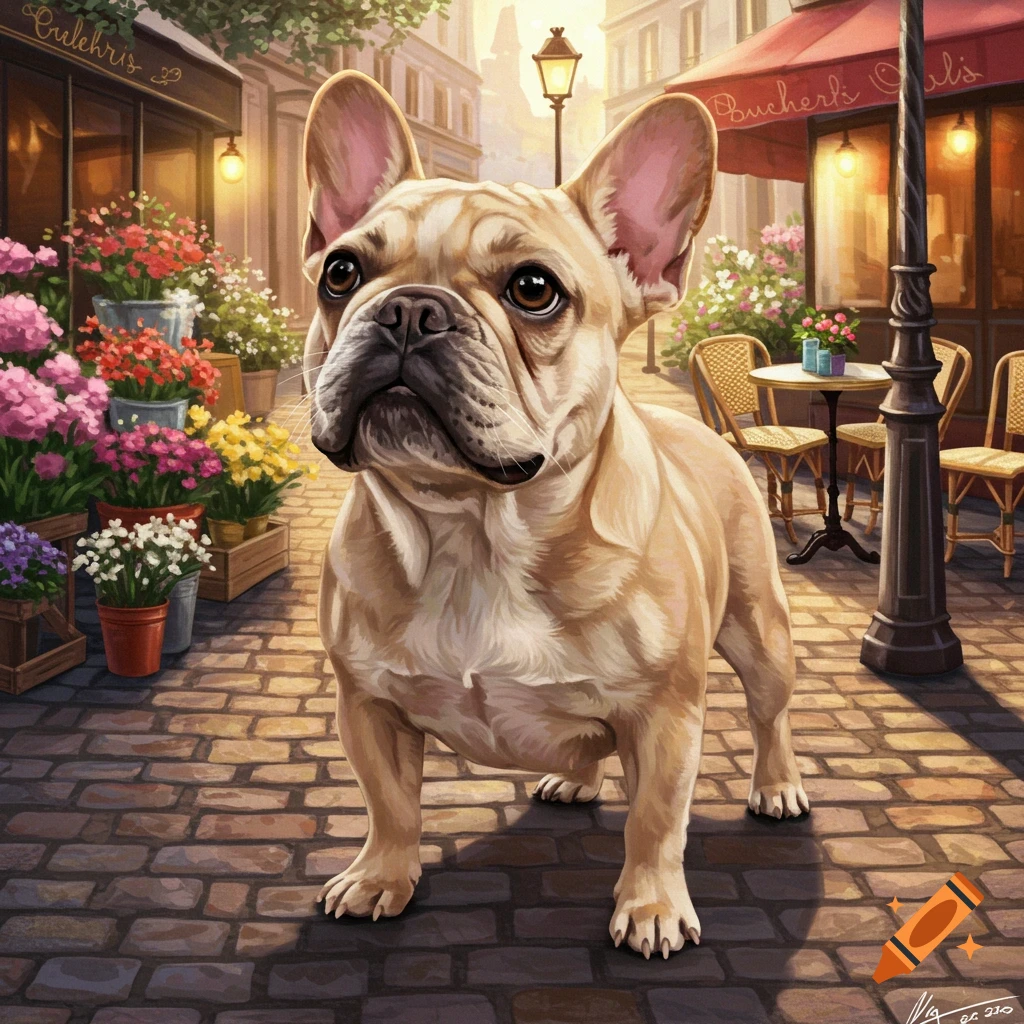 A fawn French Bulldog stands on a cobblestone street in front of flower shops and a cafe in a painterly style.