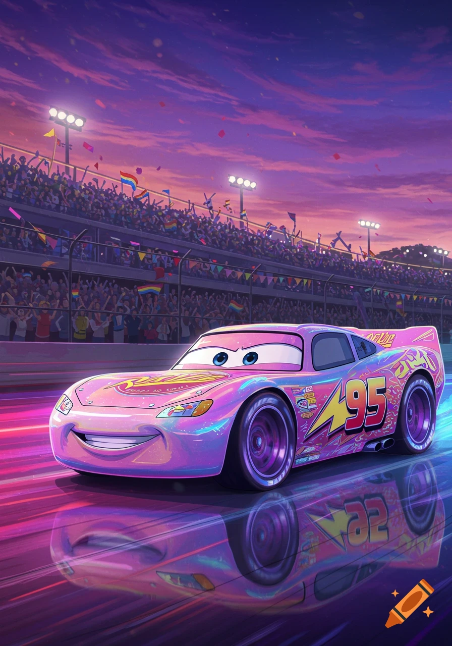 An anime-style poster shows a pink, iridescent Lightning McQueen racing on a track at sunset, with a cheering crowd holding rainbow flags in the background.