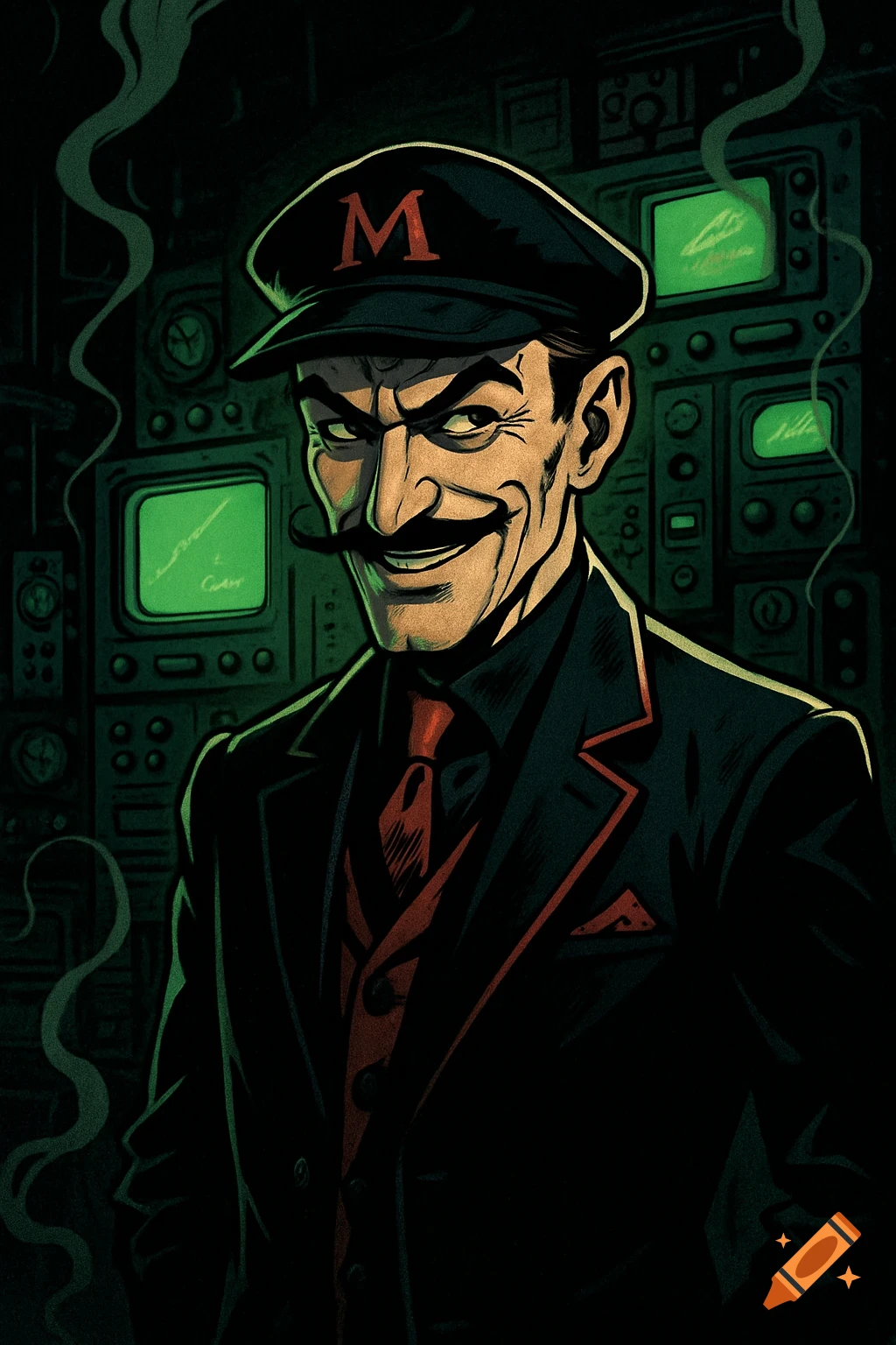 A sinister, moustached man in a cap with an 'M' and a dark suit smirks in a smoky, green-lit lab, comic art style.