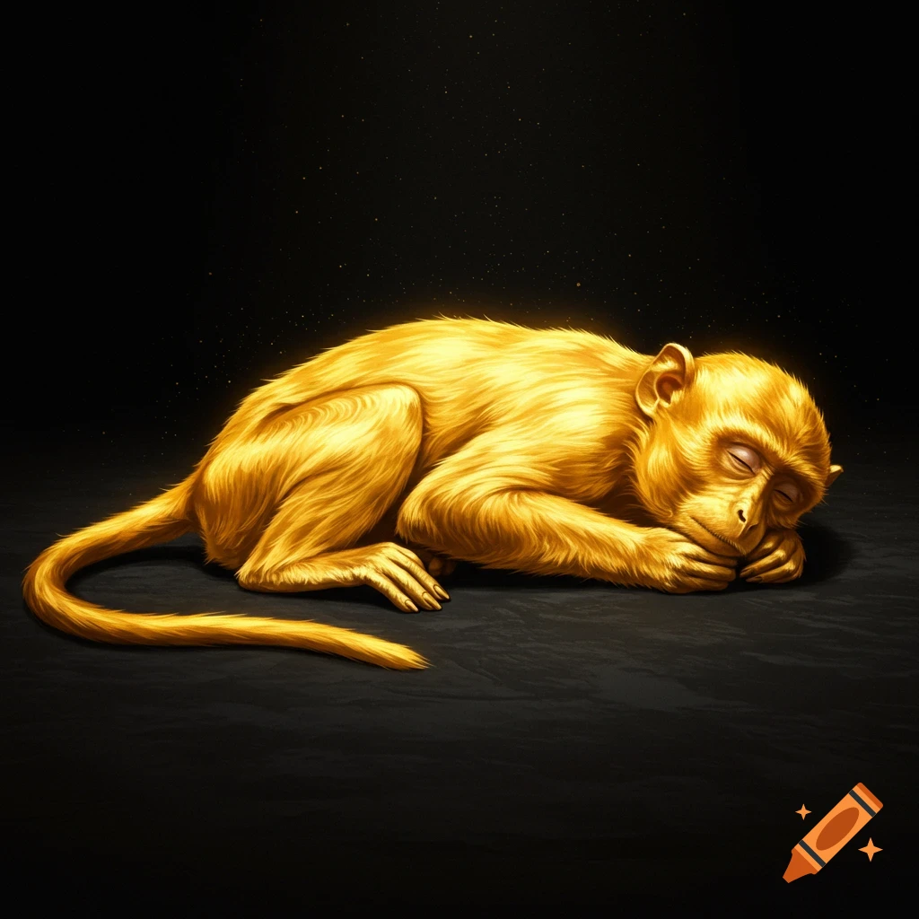 A glowing golden monkey with eyes closed sleeps peacefully on a dark gray surface against a black background.