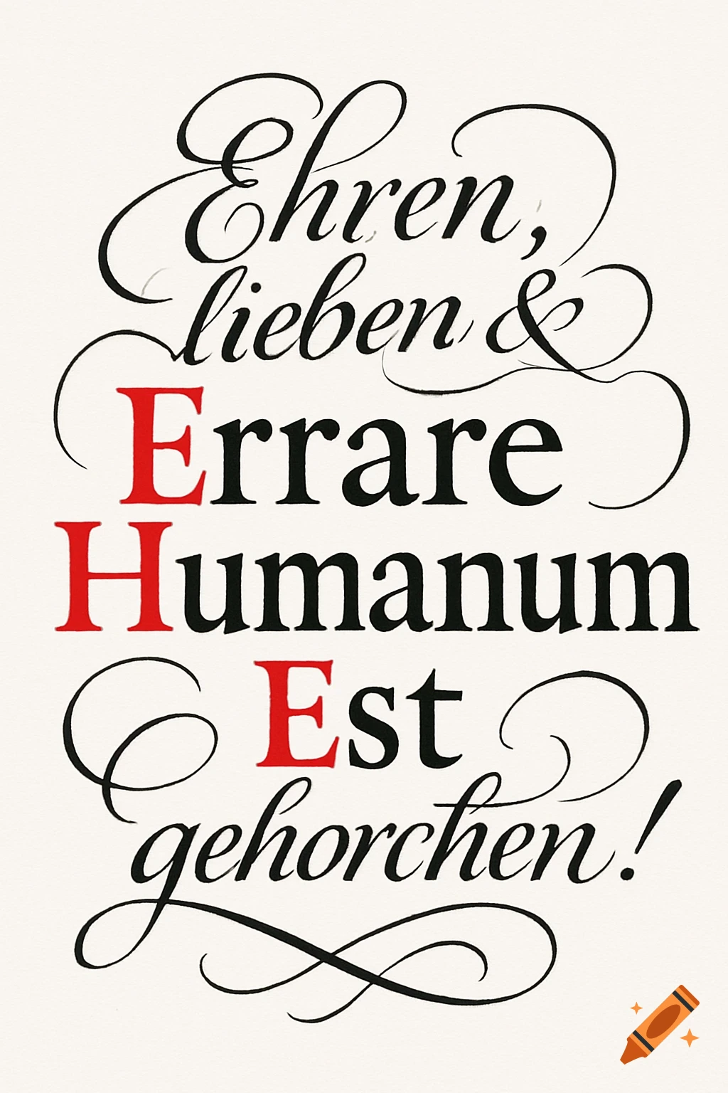 Decorative typography on an off-white background features the German and Latin phrases 'Ehren, lieben & Errare Humanum Est gehorchen!' in black script and bold red uppercase letters.