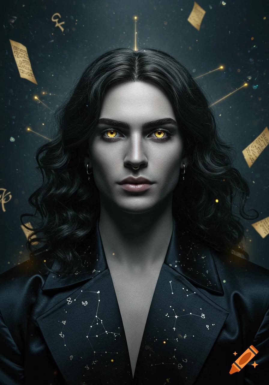 An ultra-realistic cinematic portrait of a gender-fluid person with dark, wavy hair, piercing gold eyes, and a nose ring. They wear a dark satin coat with constellation embroidery, set against a dark, glowing background with floating script symbols and parchment fragments.
