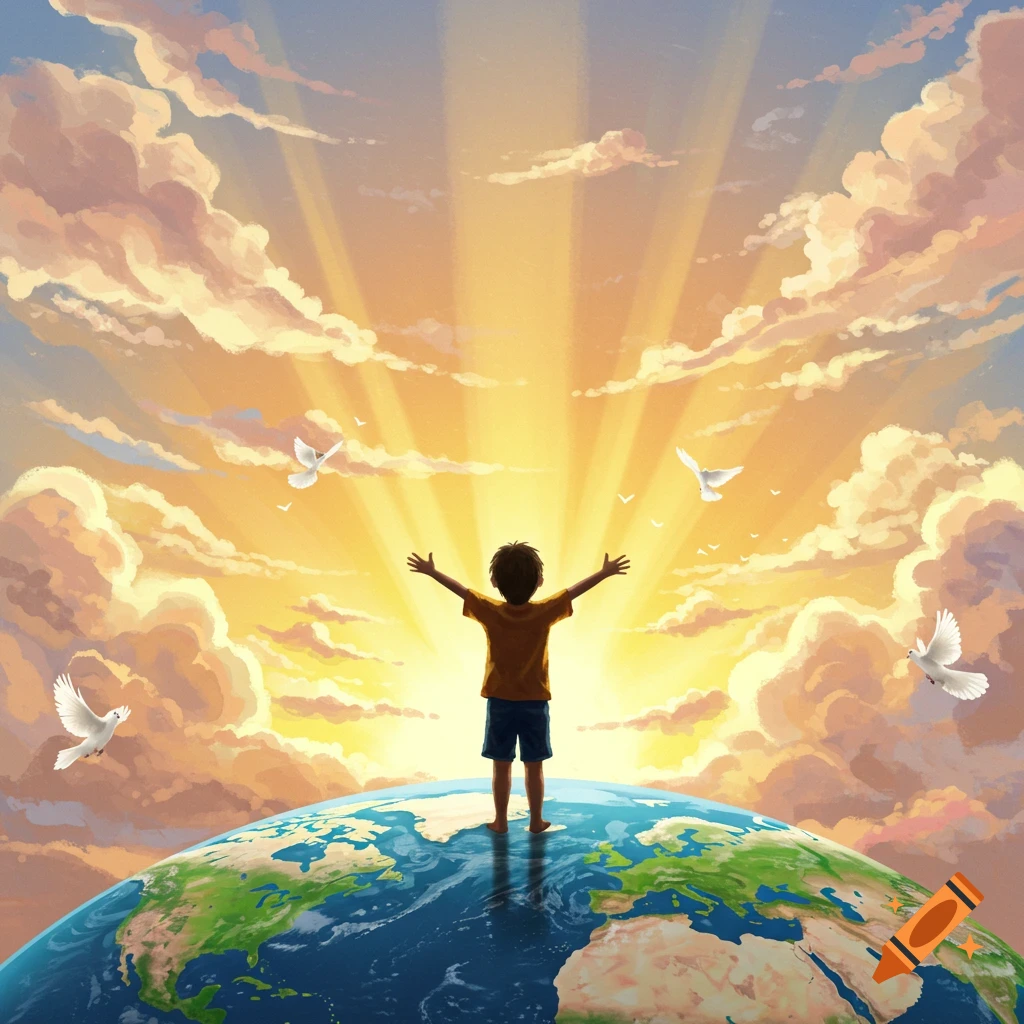 An illustrated child with outstretched arms stands on a vibrant Earth, looking up at a radiant, cloudy sky with flying doves.