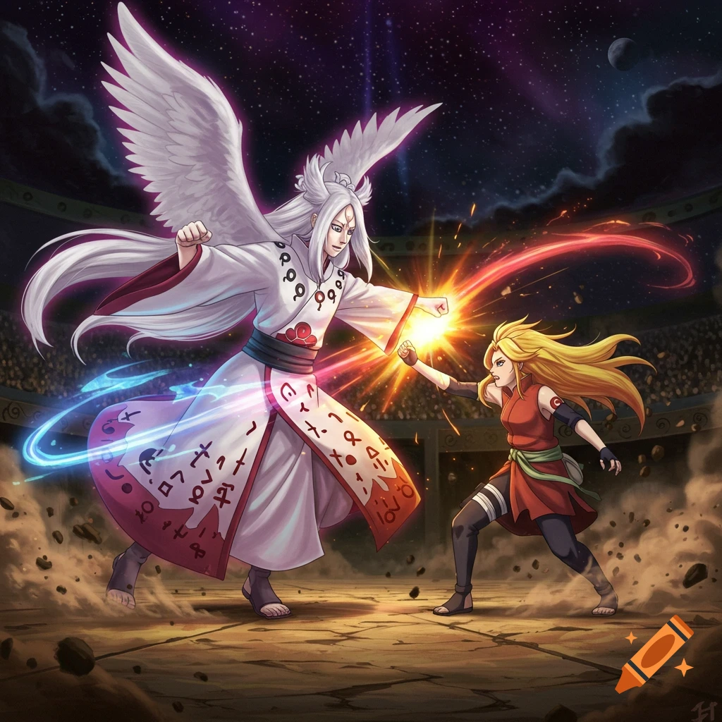 Anime characters Kaguya Otsutsuki and Rangiku Matsumoto fighting in an arena, surrounded by glowing energy, stylized.