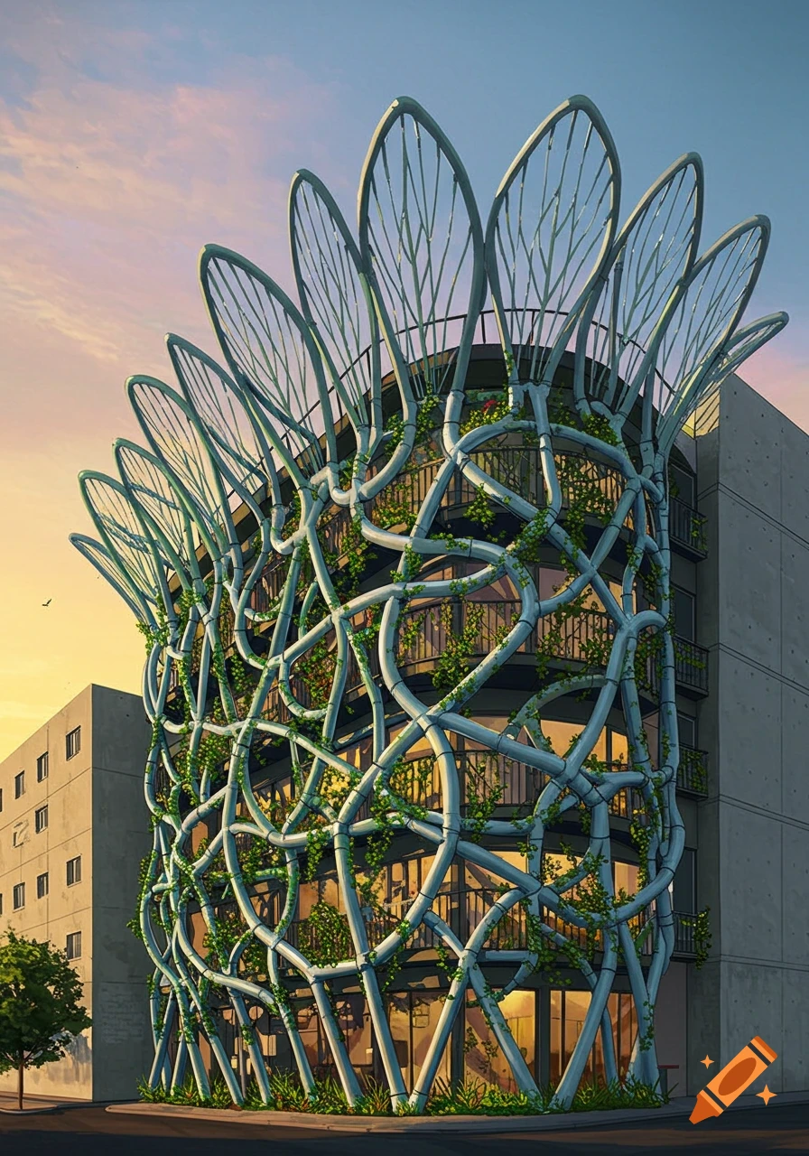 A modern building with an intricate white pipe and vine facade against a warm sunset sky.