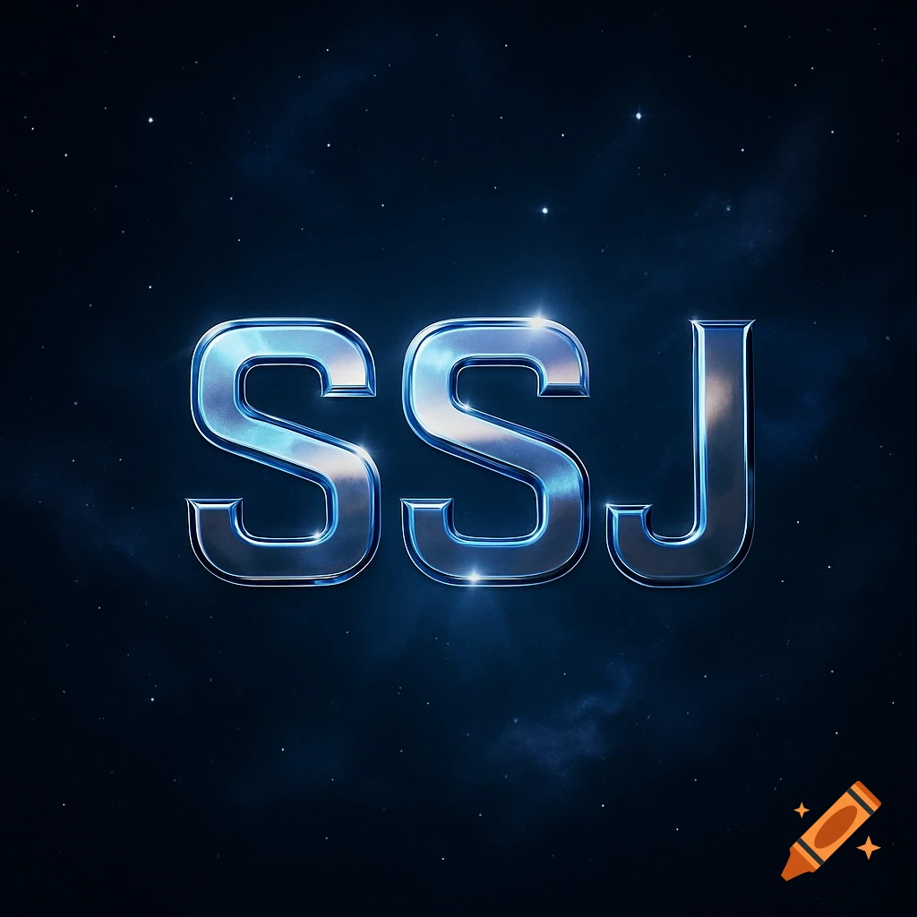 Metallic chrome letters 'SSJ' against a dark blue starry space background.