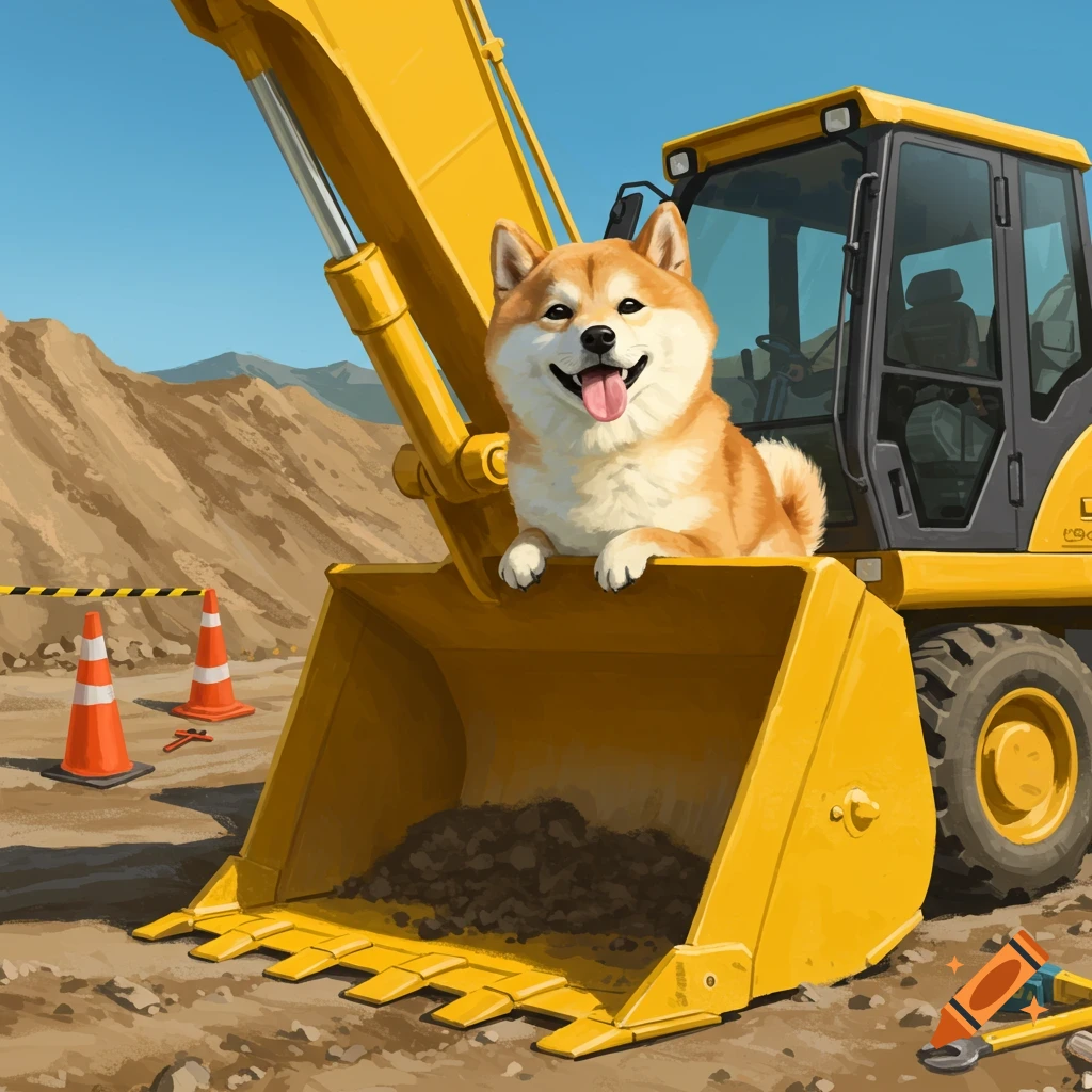 A happy Shiba Inu dog sits in the yellow bucket of an excavator at a construction site under a clear sky, in an illustrated style.