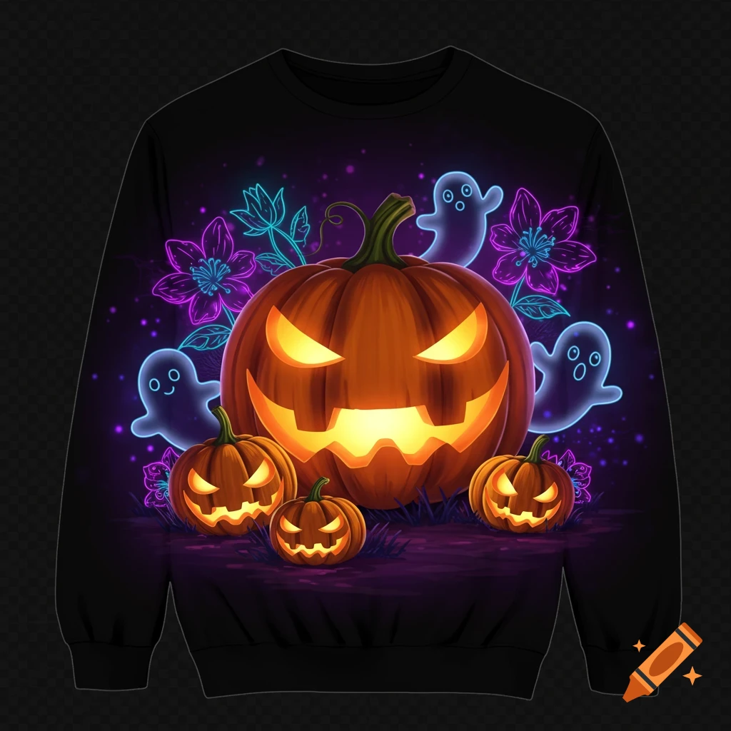 A black sweatshirt features a glowing neon Halloween design with a large jack-o'-lantern, smaller pumpkins, cute ghosts, and neon flowers.