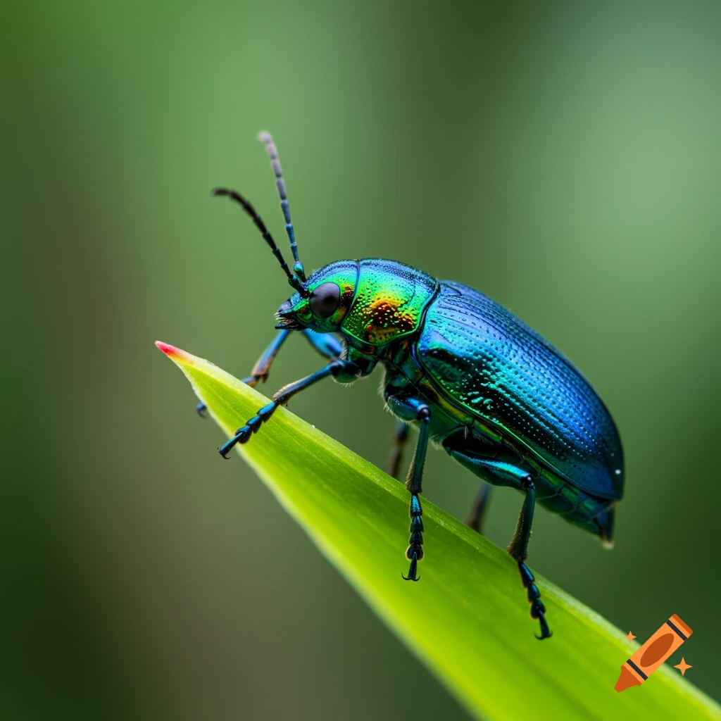 A macro shot of a metallic blue and green beetle with iridescent colors, perched on a bright green leaf against a blurred green background.