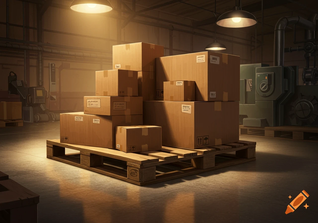 Stack of cardboard boxes on a wooden pallet in a dimly lit warehouse with industrial machinery in the background.