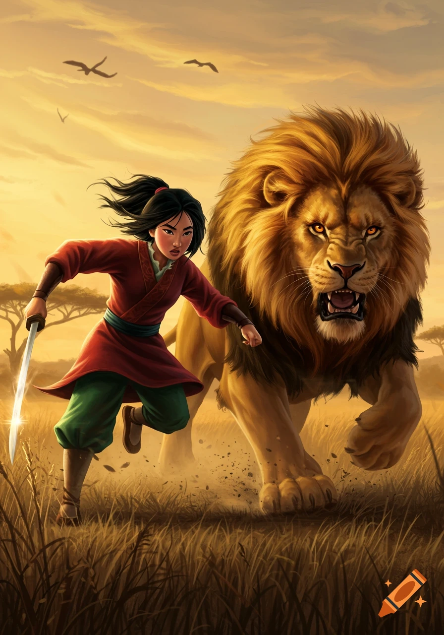A warrior woman, resembling Mulan, runs forward with a sword, pursued by a ferocious lion across a golden savanna at sunset. Stylized art.