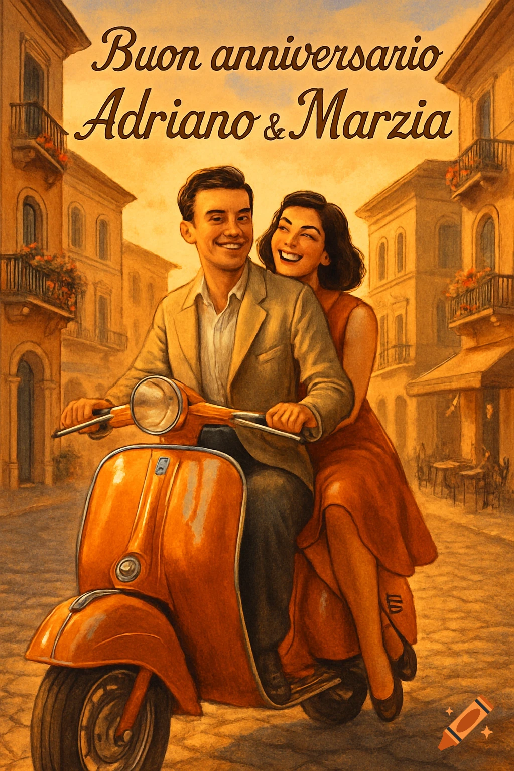 A vintage-style illustration of Adriano and Marzia smiling on an orange Vespa in an Italian piazza at sunset, with 'Buon anniversario' text.