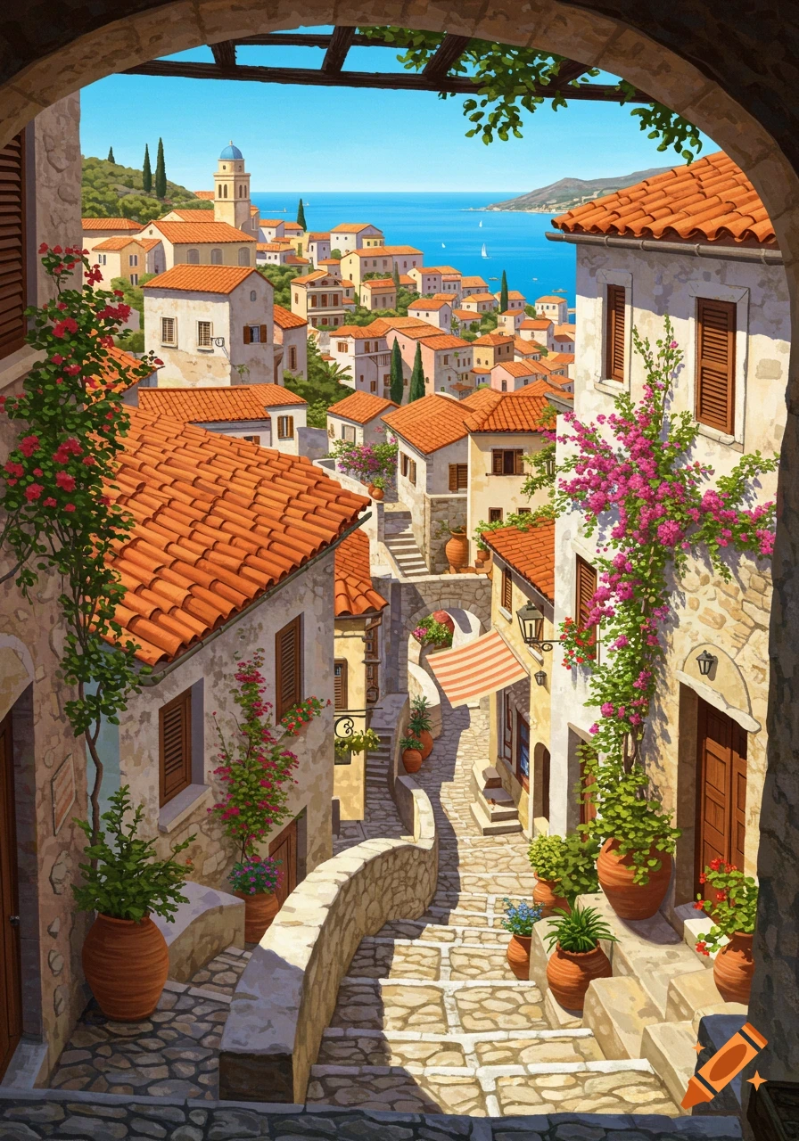 A vibrant painting of a sunny Mediterranean village featuring narrow cobblestone streets, red-tiled roofs, flowering bougainvillea, and the blue sea.