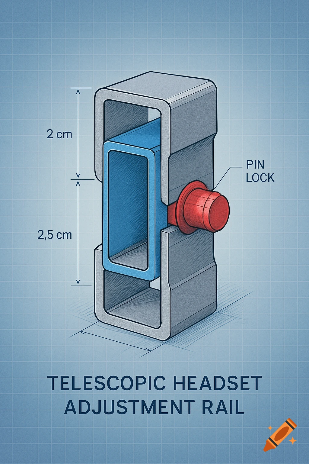 Blueprint style technical drawing of a telescopic headset adjustment rail with a blue inner rail, gray outer rail, dimensions, and a red pin lock.