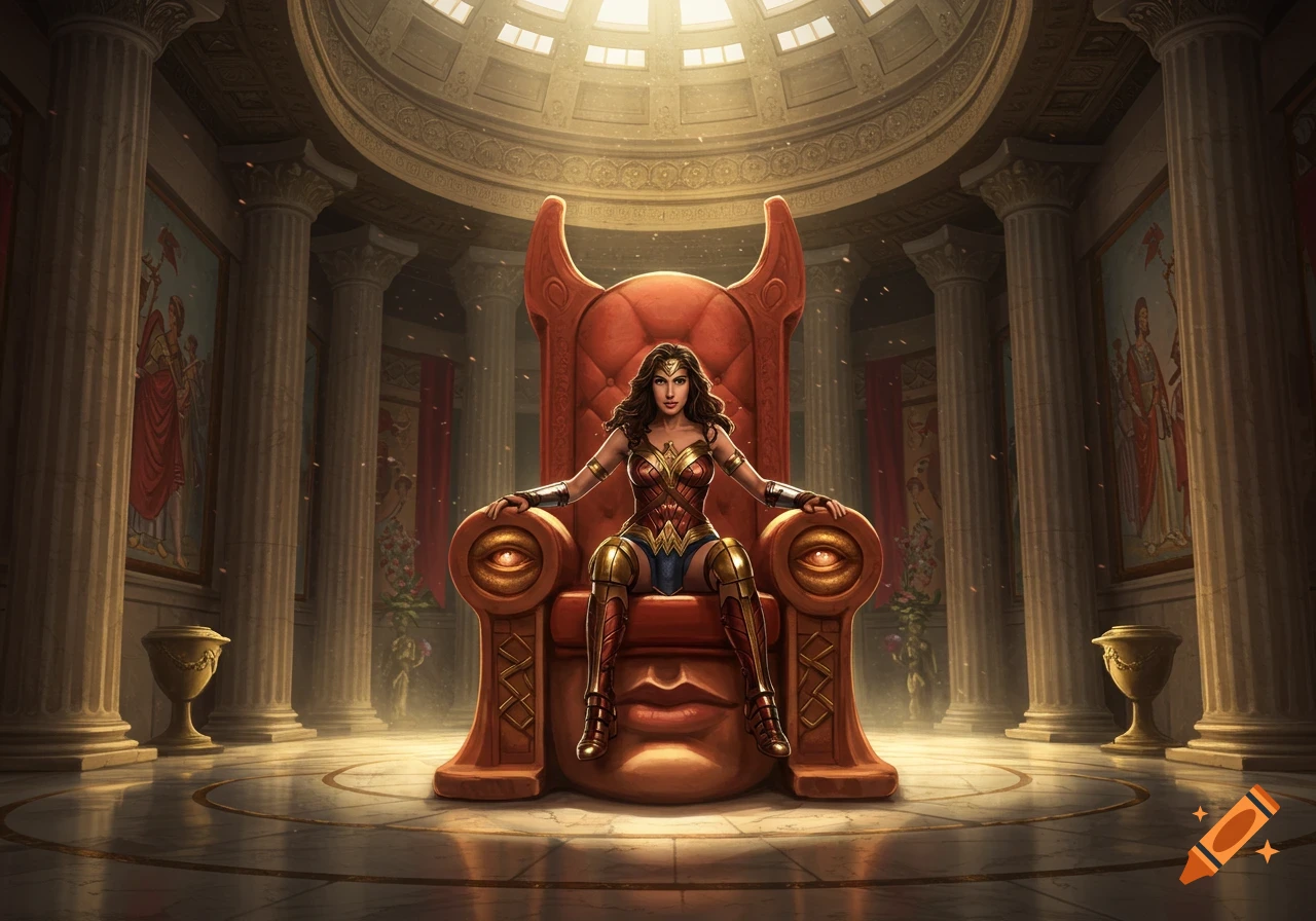 Wonder Woman in her classic suit sits regally on a surreal red throne shaped like a human face in a grand, pillared hall with a domed ceiling.