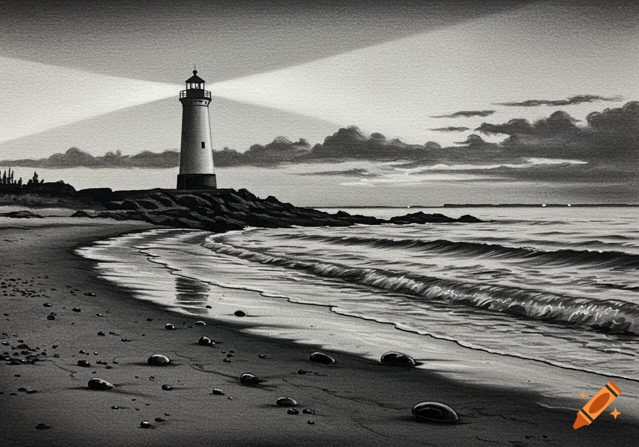 A charcoal drawing of a lighthouse on a rocky shore at dusk, with waves gently washing onto a sandy beach under a cloudy sky.