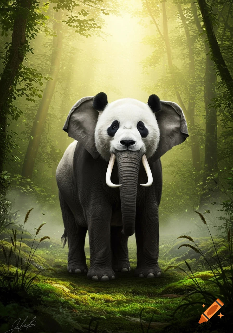 A photorealistic panda-elephant hybrid stands majestically in a misty, sunlit forest.