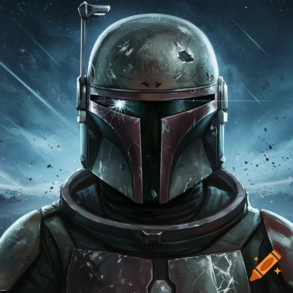 Close-up illustration of a damaged bounty hunter's helmet and armor against a dark, star-filled sky.