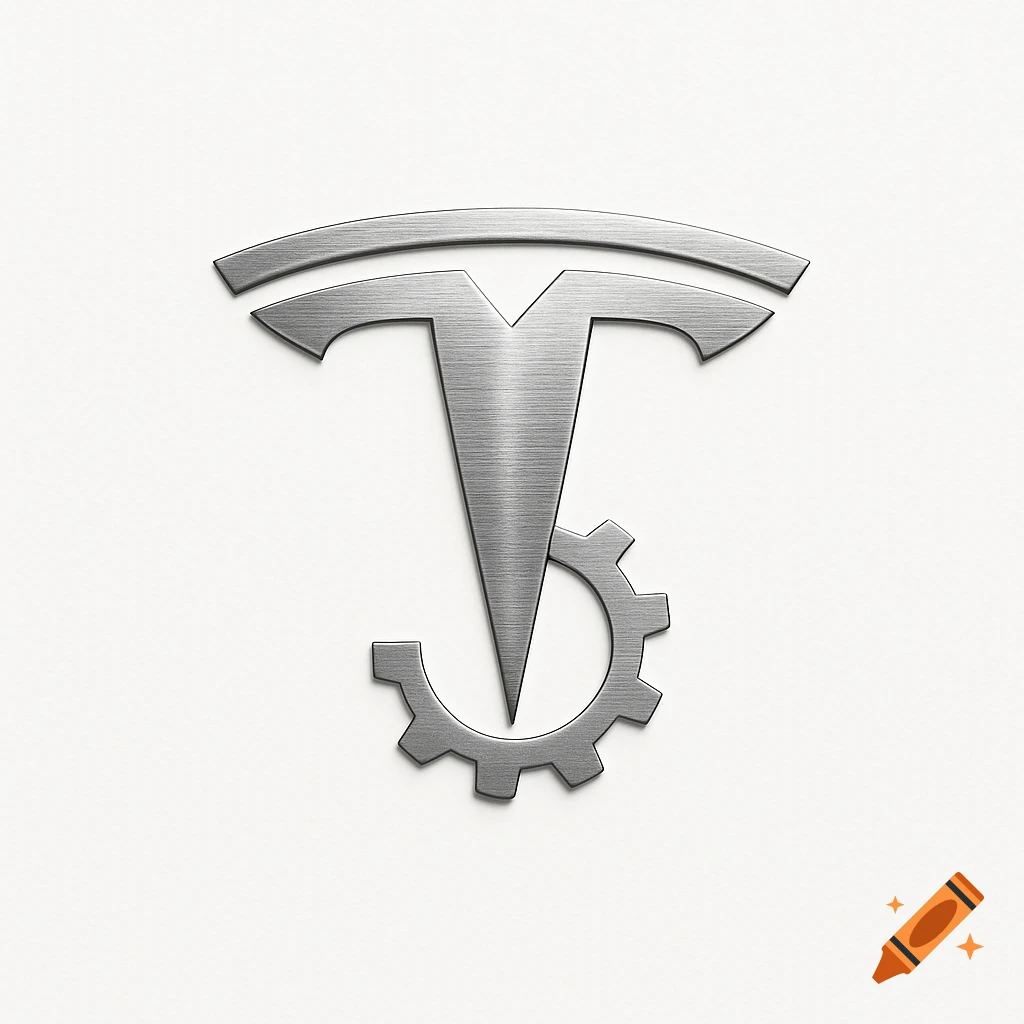 A minimalist silver metallic Tesla-style letter T logo integrated with a gear symbol, set against a clean white background.