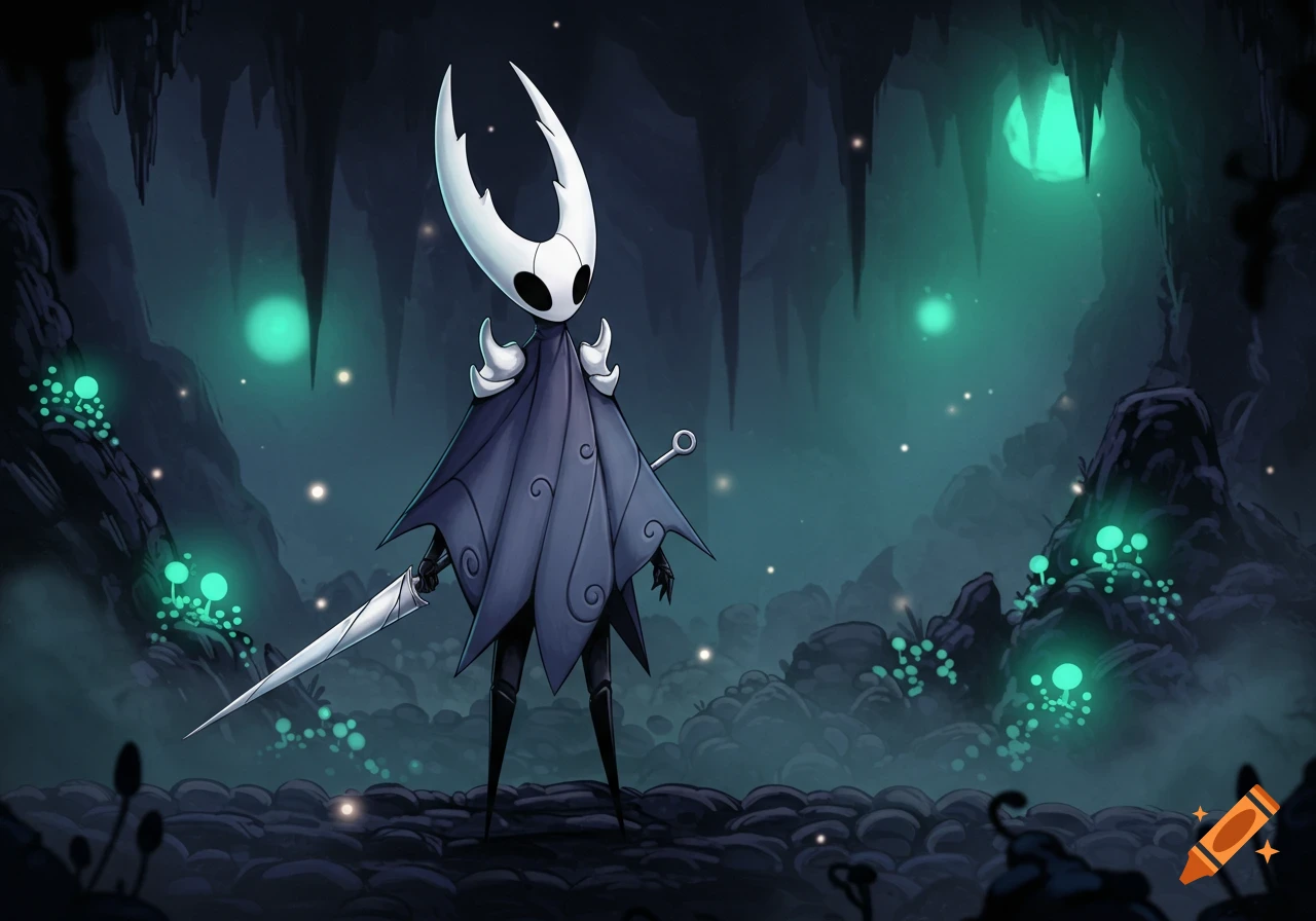 The Pure Vessel from Hollow Knight stands in a dark, glowing teal cavern with stalactites and glowing flora.