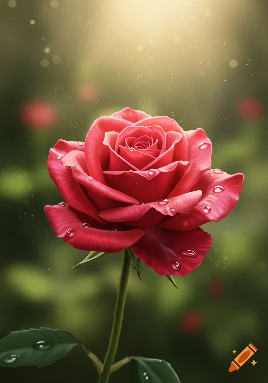 Vibrant red rose with glistening water droplets, in a soft-focus sunlit garden, photorealistic style.