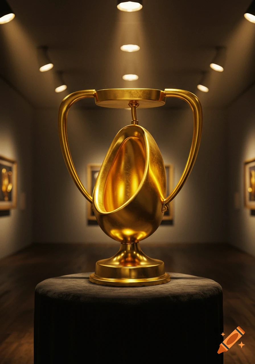 A gleaming golden urinal trophy on a dark pedestal, displayed in a dimly lit art gallery with spotlights.