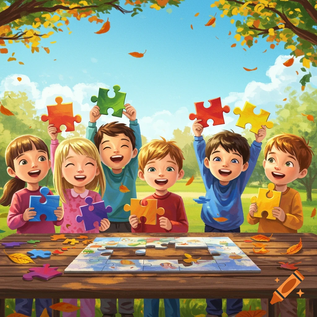 Six happy children playing with a puzzle outdoors in autumn, each holding a colorful puzzle piece.