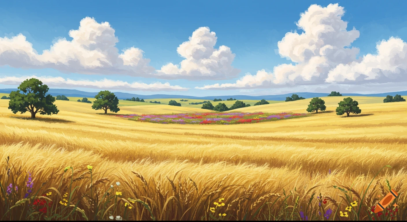 Illustrative landscape of golden fields with green trees, a patch of wildflowers, and fluffy white clouds under a blue sky.