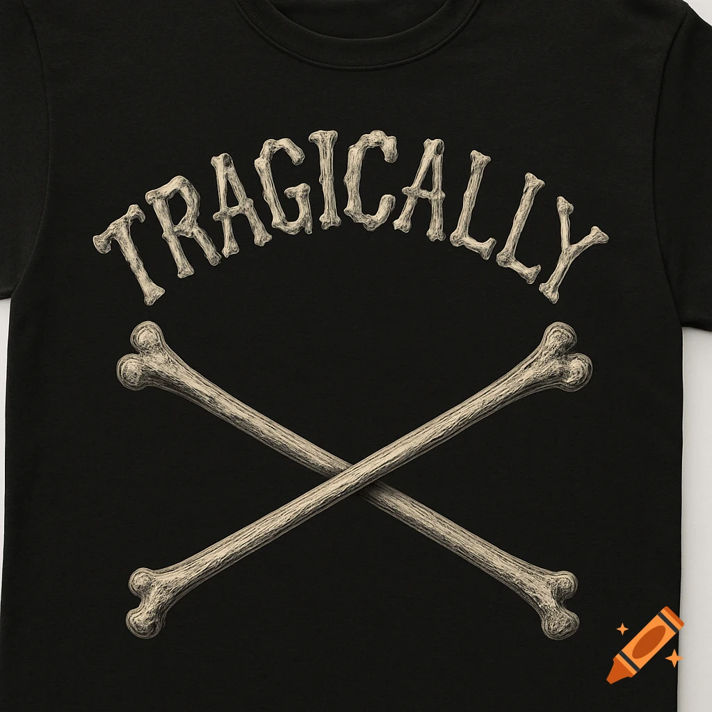 Black t-shirt with the word TRAGICALLY in bone-like letters above two crossed bones.