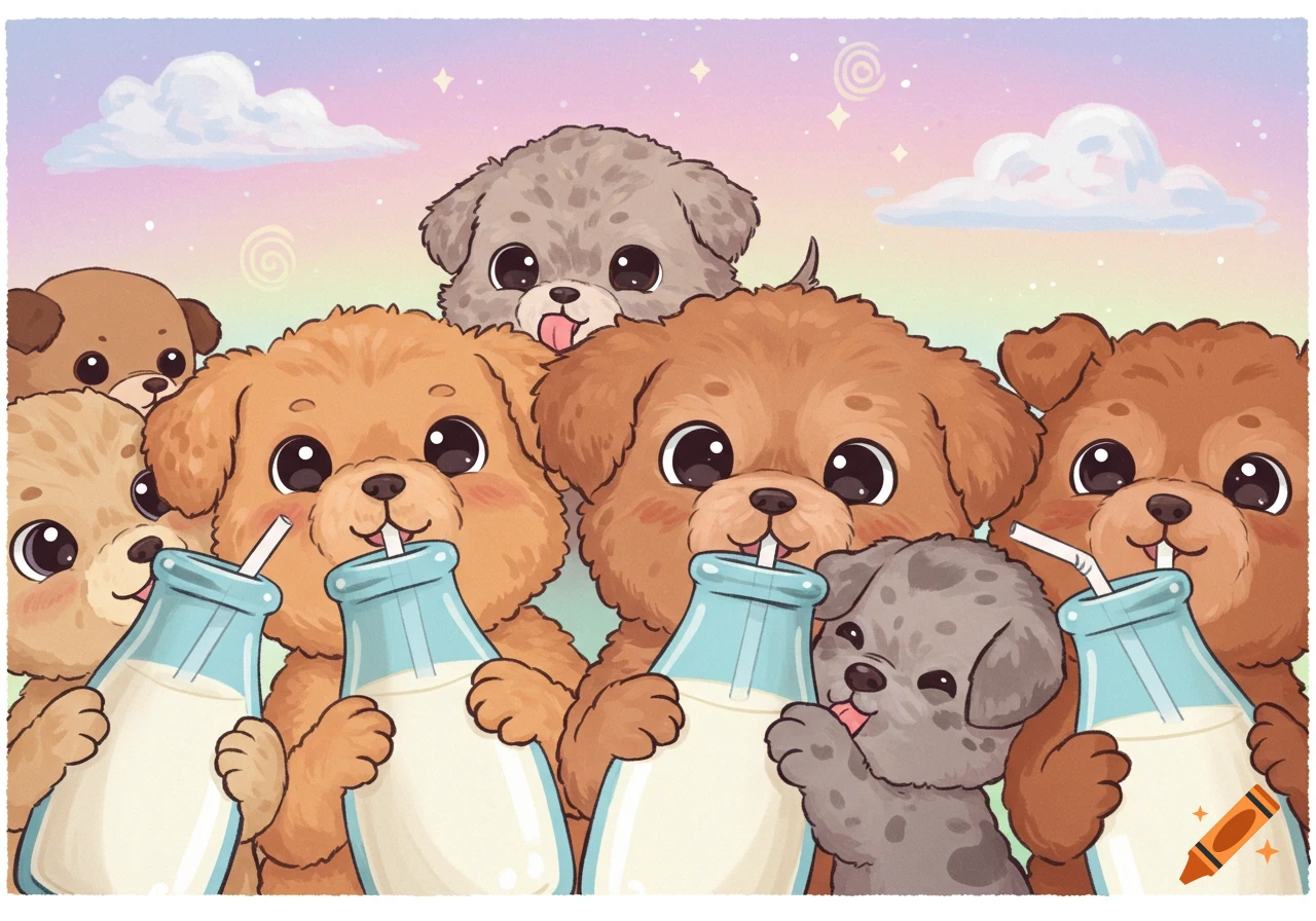 Several adorable cartoon puppies with big eyes drink milk from bottles with straws against a pastel sky.