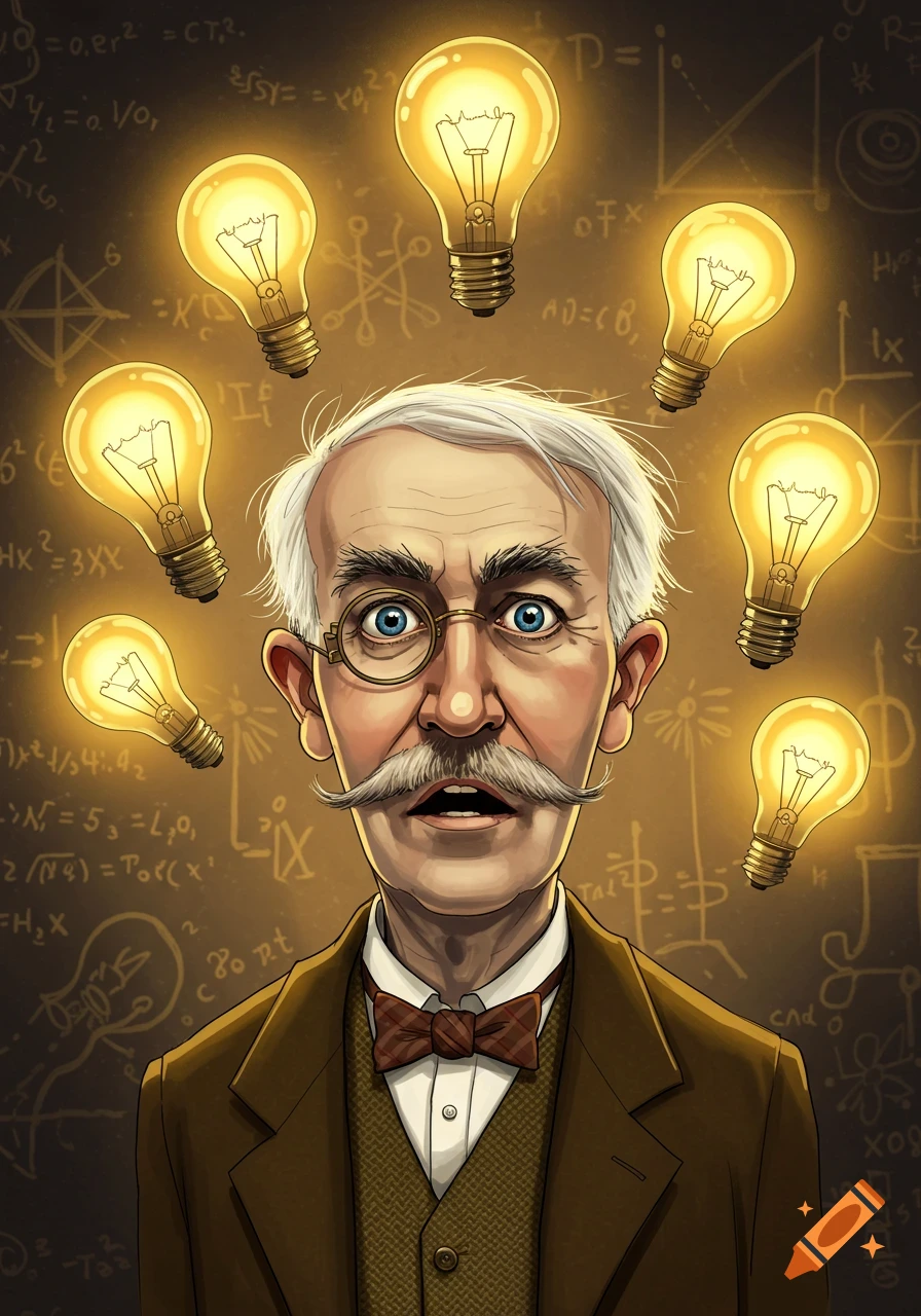 A cartoon portrait of an older man with a mustache, monocle, and bow tie, looking surprised amidst glowing lightbulbs, with scientific equations in the background.