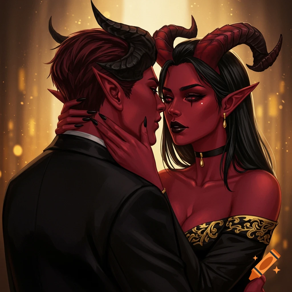 A male tiefling in a suit embraces a female tiefling in an off-shoulder gown with gold accents, both with red skin and horns, in a warm, bokeh-lit setting.