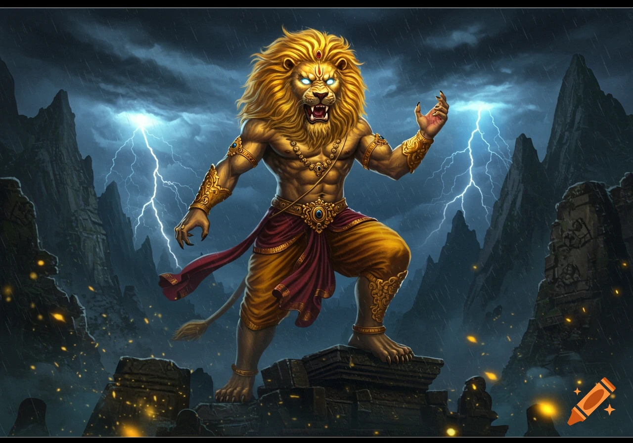 A powerful golden-maned half-lion, half-human deity, Narasimha, stands on ruins in a stormy, mountainous landscape with lightning.