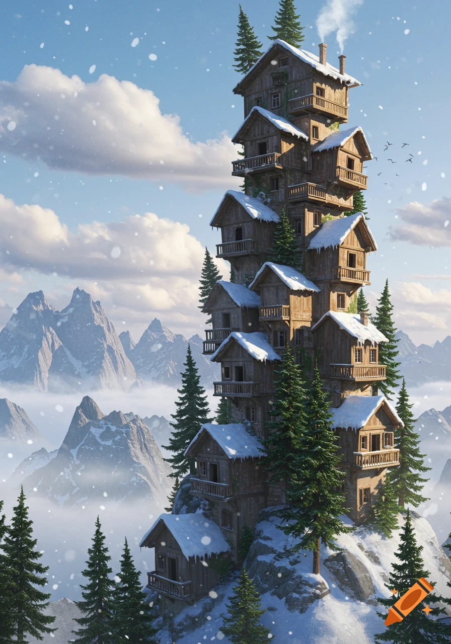 A towering stack of snow-covered wooden chalets with balconies on a snowy mountain peak, surrounded by pine trees and misty mountains.