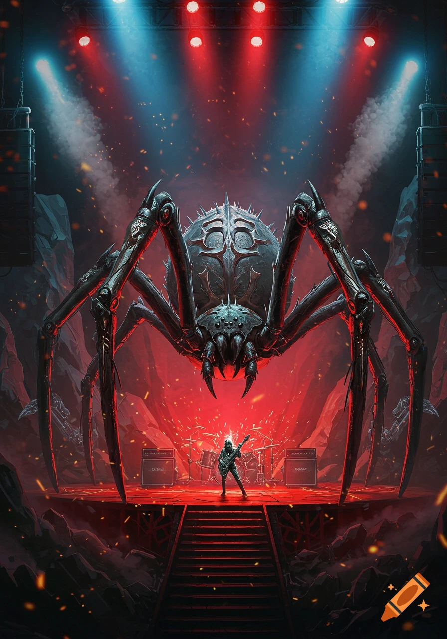 A heavy metal guitarist performs on a stage under red and blue spotlights, with a colossal, armored spider-like creature looming behind them.