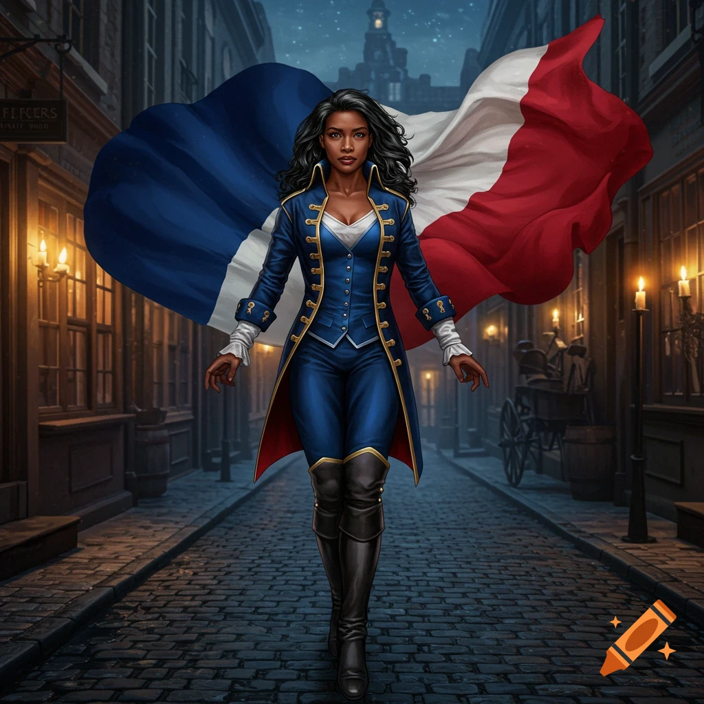 A French woman superhero in a blue and gold revolutionary-era outfit and a flowing French flag cape walks down a dark, lantern-lit cobblestone street.